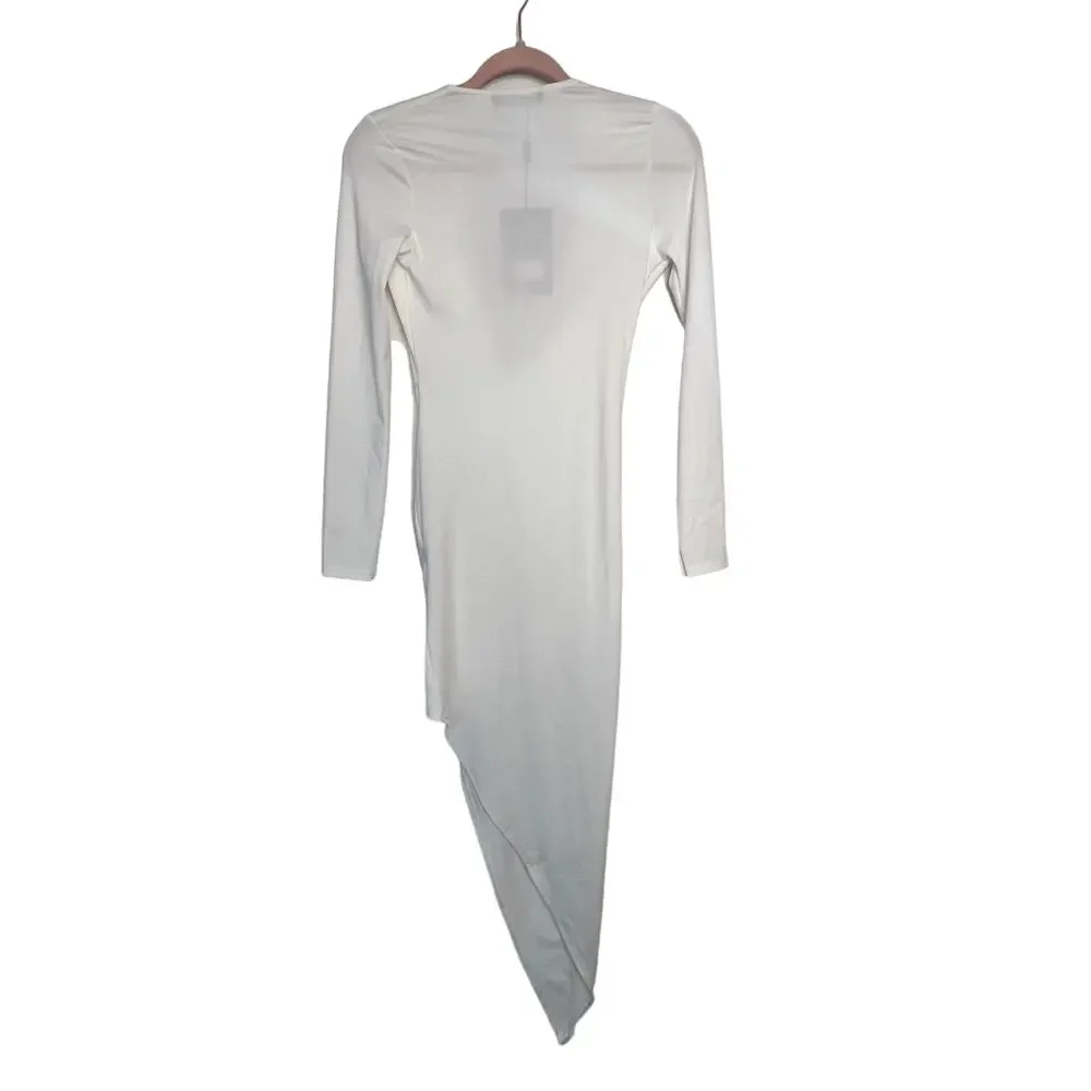 NWT Missguided Long Sleeve Asymmetrical Low Cut V Neck Bodycon White Dress 2 - Picture 3 of 6